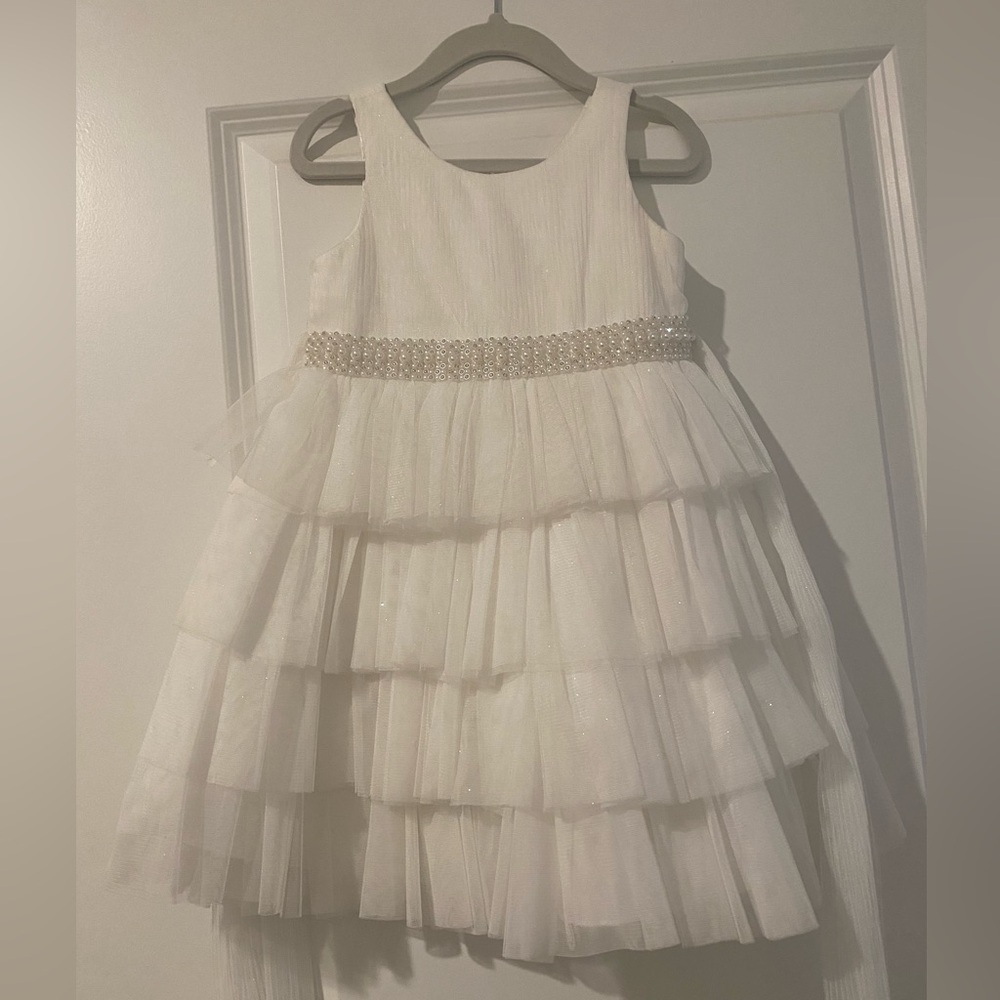 American Princess White Tiered glitter Tulle Dress with Pearl Waist